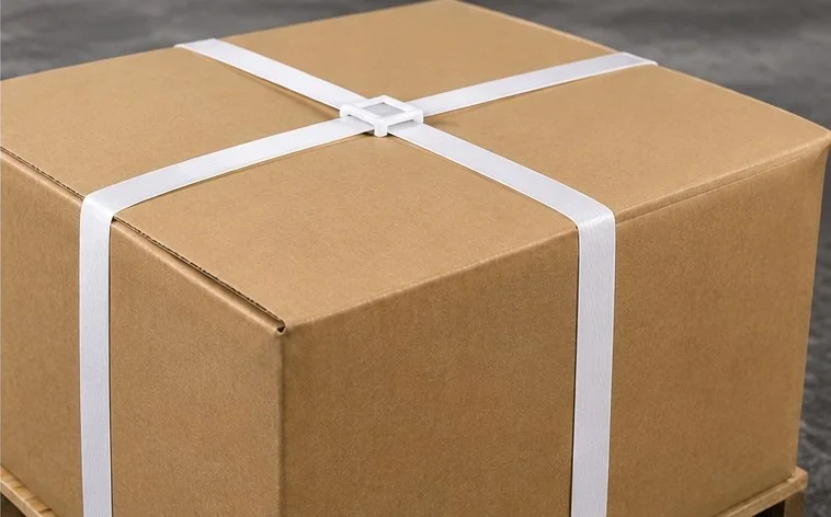 Carton secured with white strapping and clip